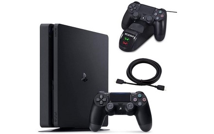 NexiGo 2020 Playstation 4 PS4 Slim 1TB consola Navidad familia vacaciones Bundle, ligero y delgado sistema PS4, estación de carga de disco duro de 1TB + cable HDMI